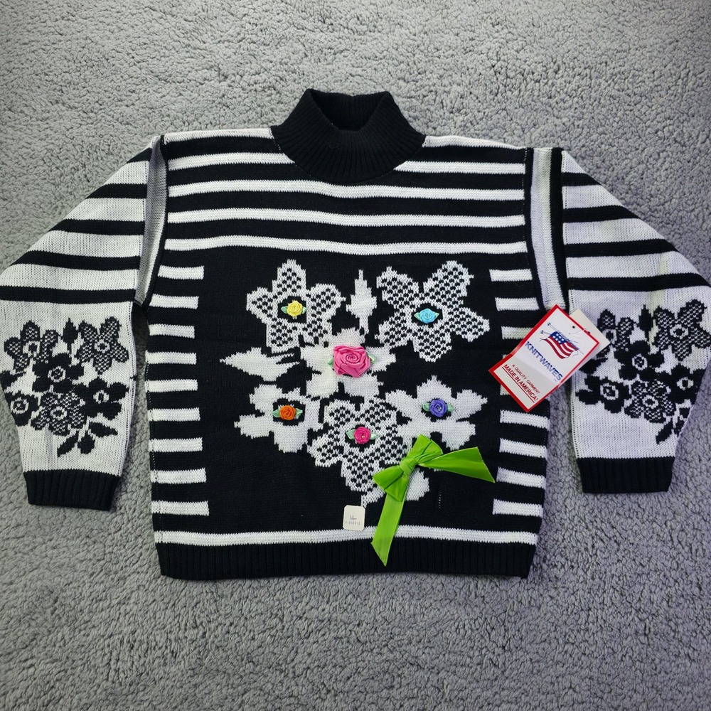 Vintage Knitwaves Girls Black White Striped Floral Ribbon Rose Sweater Medium